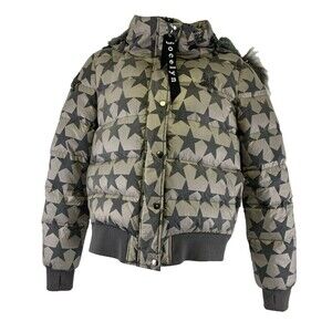 Jocelyn Down Puffer Jacket Bomber Coat Rabbit Fur Lined Hood Gray Star Small